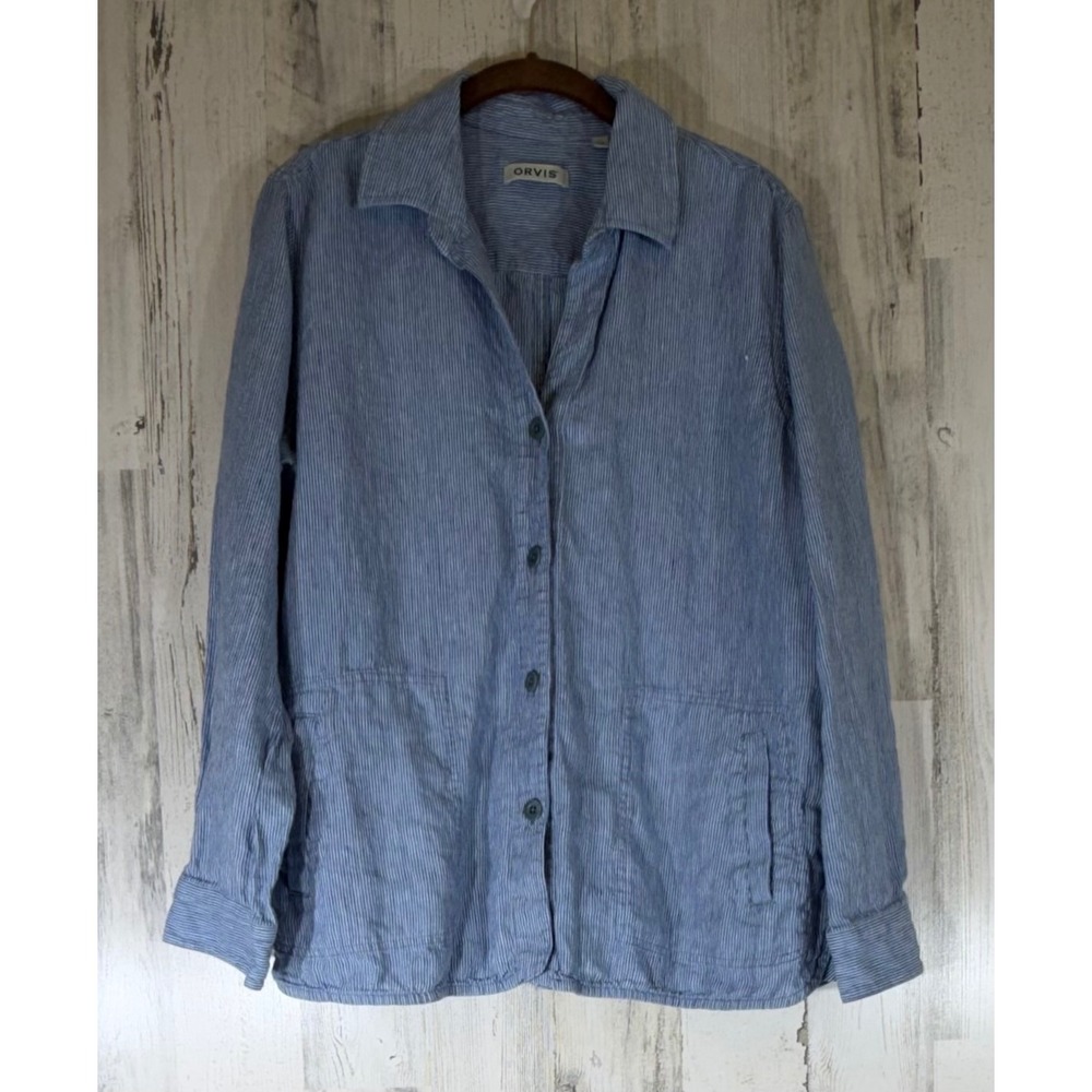 Orvis Shirt Linen Jacket Medium Blue White Pinstripe Linen Button Up Pockets
